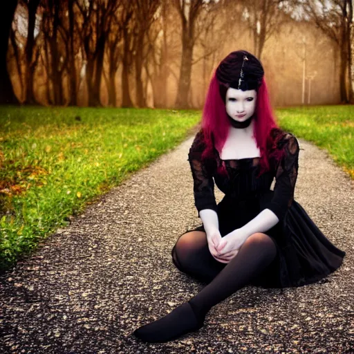 Image similar to full - length photo, young woman, sitting on her knees, gothic clothes, 4 k, colourful