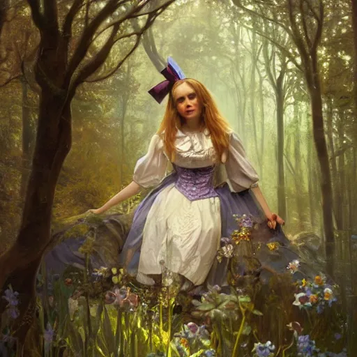 Image similar to close up portrait of alice in wonderland, magical forest, dramatic lighting, high detail, painted, by greg rutkowski, painted by stanley artgerm, painted by alphonse mucha, trending on artstation