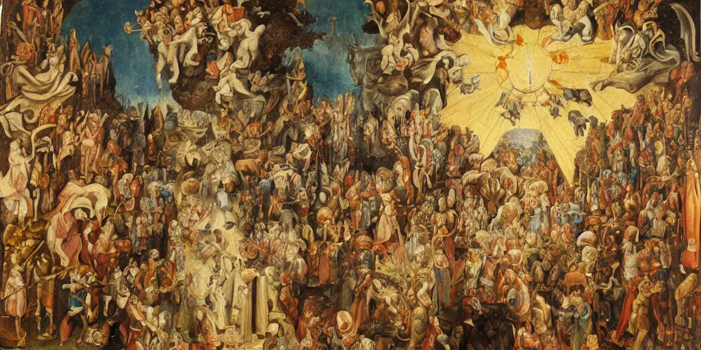 Image similar to Medieval religious oil painting of the cat god reborn under the holy light high up in a Gaudí style church surrounded by his subjects and armies, in style of Jean-Honore Fragonard, surrealist