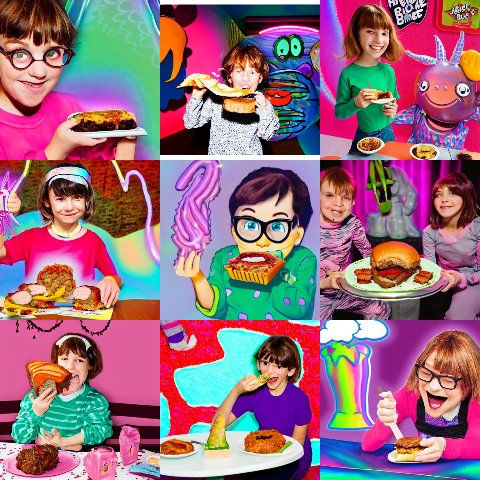 Prompt: professional photograph of junie b jones eating holographic meatloaf, award winning, inside an arbys