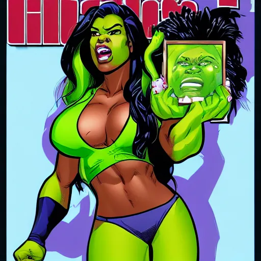 Prompt: Actress Gabrielle Union as She-Hulk, poster framed, comic pinup style, sports illustrated, highly detailed, artstation, illustration, posterized, Roge Antonio, Jen Bartel