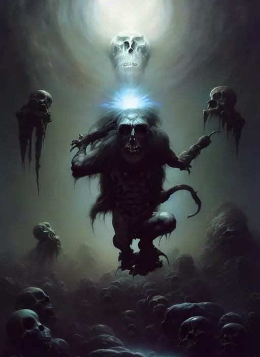 Prompt: shackled in the void of heaven, frank frank frazetta and cgsociety, stunning god sasquatch, charlie bowater and tom bagshaw, insanely detailed, deviantart, space art, atoms surrounded by skulls, death, and spirits deep under the haze smaoke, horror, sci - fi, surrealist painting, by peter mohrbacher