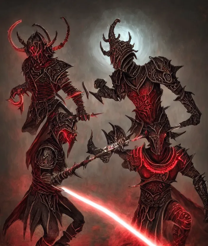 Image similar to A Dark Elf Telvanni in Daedric armor with white hair and glowing red eyes fights a dwemer Centurion in a dwemer ruin, Hyper realism, glow, runes, magic, morrowind, Oblivion, Skyrim, dark, gloomy, steam, ancient machines, lava, gears