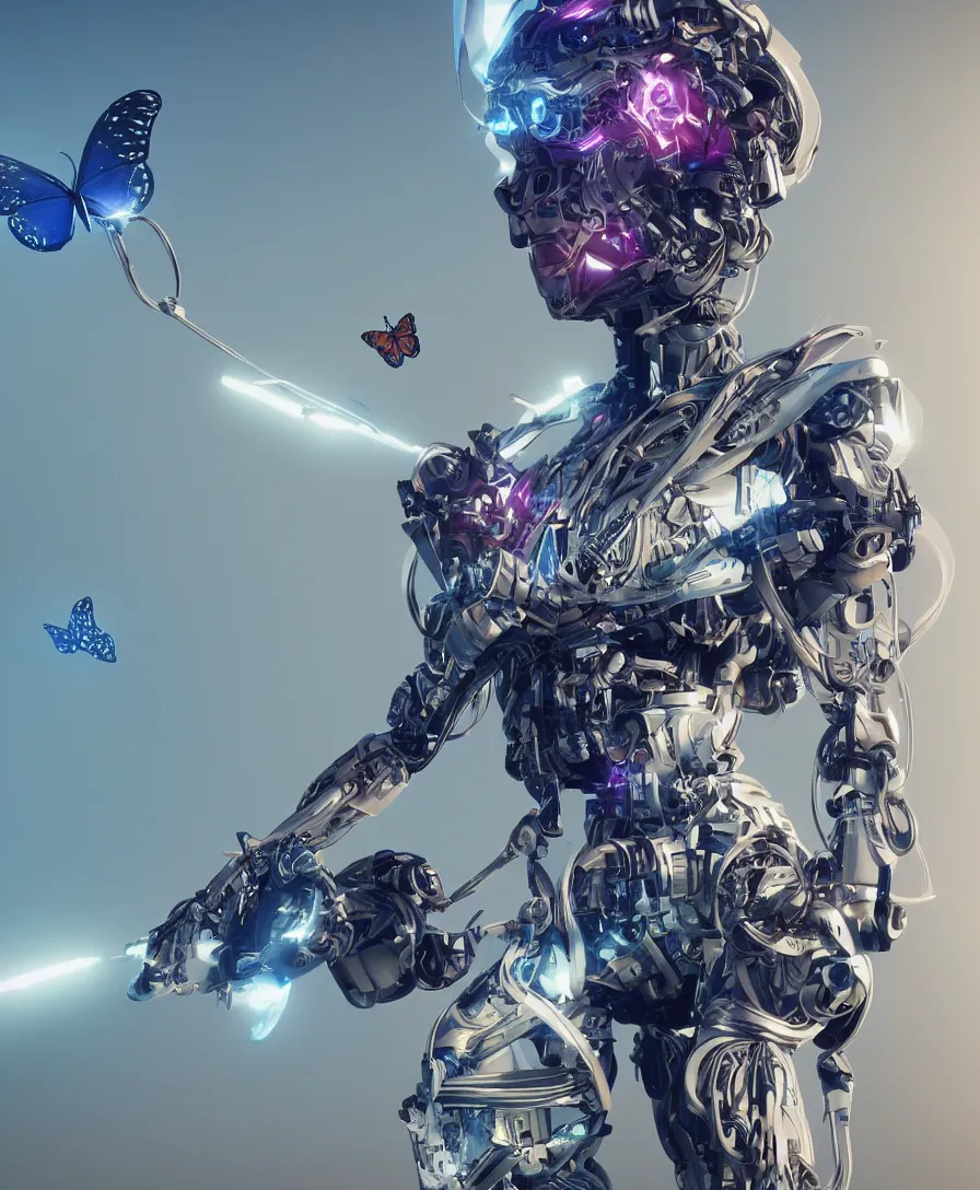 Prompt: beautiful cyborg butterfly, epic, cinematic view, 8k, ultra realistic, vibrant colors, photo realism, trending artstation, octane render