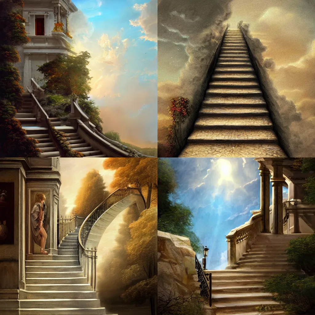 Prompt: illustration of a stairway to Heaven, realistic painting, classical painting, high definition, digital art, matte painting, very detailed, realistic