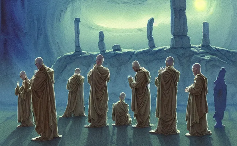 Prompt: a hyperrealist watercolour character concept art portrait of a group of european monks kneeling down in prayer to a tall elegant lovecraftian alien on a misty night in stone henge. a battlecruiser starship is in the background. by rebecca guay, michael kaluta, charles vess and jean moebius giraud