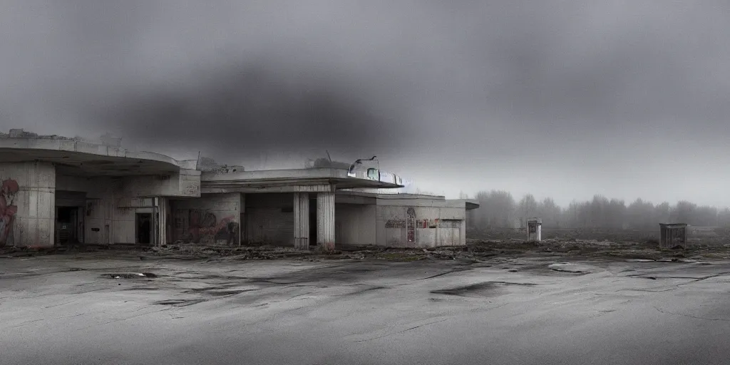 Prompt: a melancholic post-apocalyptic ruins of a gas station, mutants creatures swarming, atmosphere of silent hill, 8k, cinematic lighting, hd wallpaper, fog, Todd Hido, painted by gerhard richter, painted by Marlene Dumas