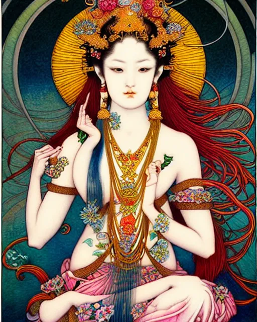 Prompt: beautiful and playful ethereal ginger hindu goddess, art nouveau, fantasy, intricate japanese flower designs, elegant, highly detailed, sharp focus, art by chie yoshii