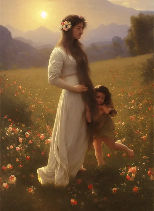 Prompt: oil painting portrait of a family one with long flowing hair in a white dress, dancing through a field of flowers at sunset with mountains in the background, hazy, chiaroscuro, artstation, cinematic, golden hour, digital art painting by diego velasquez, - adolphe bouguereau, hazy atmosphere, flowers, cinematic lighting