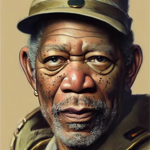 Image similar to Morgan Freeman as a soldier, closeup character art by Donato Giancola, Craig Mullins, digital art, trending on artstation