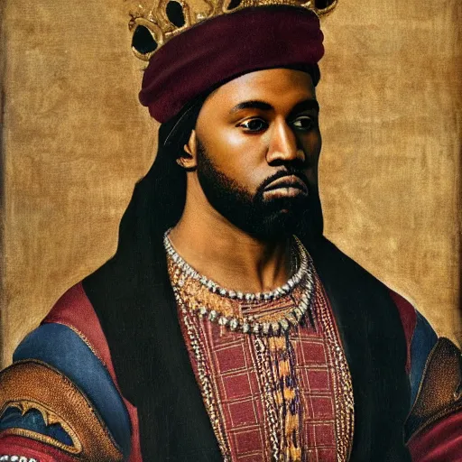 Image similar to a renaissance style portrait painting of kanye west wearing a crown