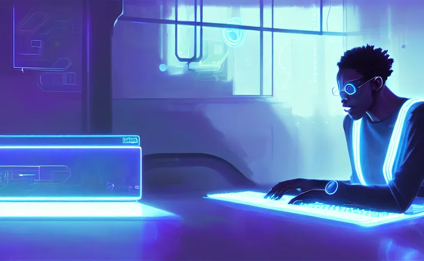 Prompt: handsome black genius hacking the metaverse, holographic keyboard, curved digital displays, urban interior, electric blue glowing lights, highly detailed, digital painting, artstation, concept art, smooth, sharp focus, illustration, art by wlop, mars ravelo and greg rutkowski