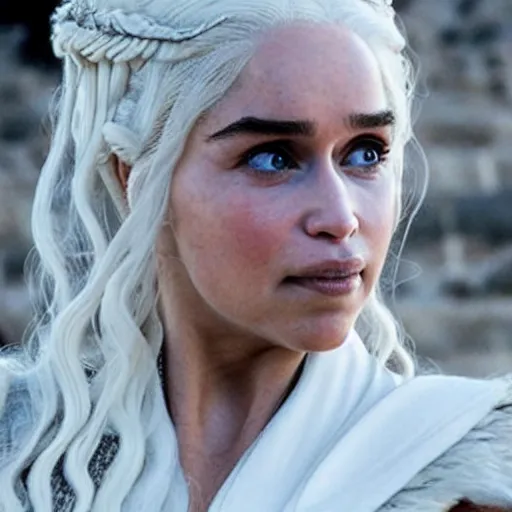 Prompt: A still of Daenerys Targaryen as Kim Kardashian, smiling