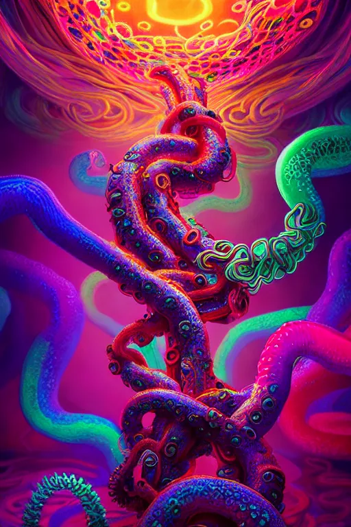 Prompt: tentacles coming out of colorful liquid smoke and neon clouds,, dmt, psilocybin, lsd, detailed, intricate, elegant, highly detailed, digital painting, artstation, concept art, smooth, sharp focus, illustration, art by hana yata, and artem demura and beeple, octane render, unreal engine, 8 k