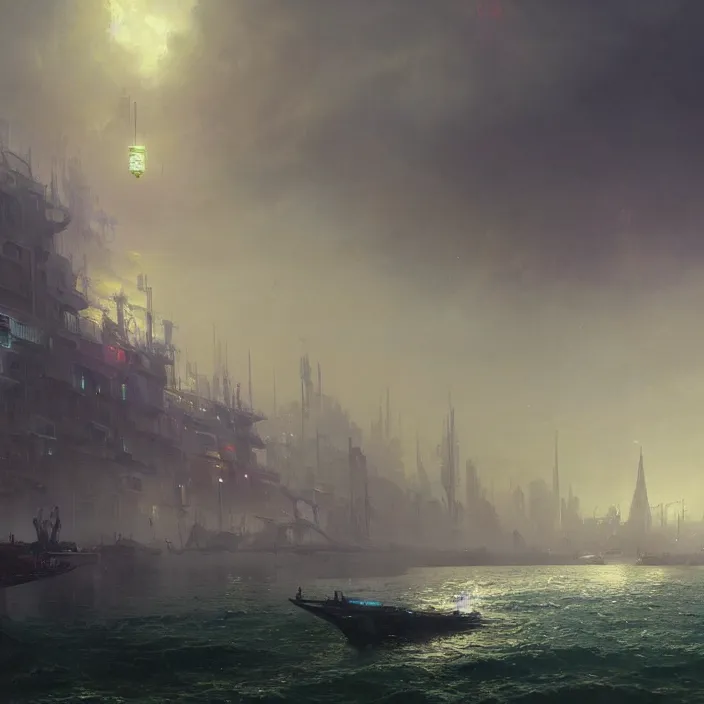 Image similar to a beautiful painting of a cyberpunk city on the sea by ivan aivazovsky and greg rutkowski and james gurney and frank lloyd, in style of unreal engine 5. hyper detailed, sharp focus, soft light. unreal engine 5 lumen. ray tracing. trending on artstation.