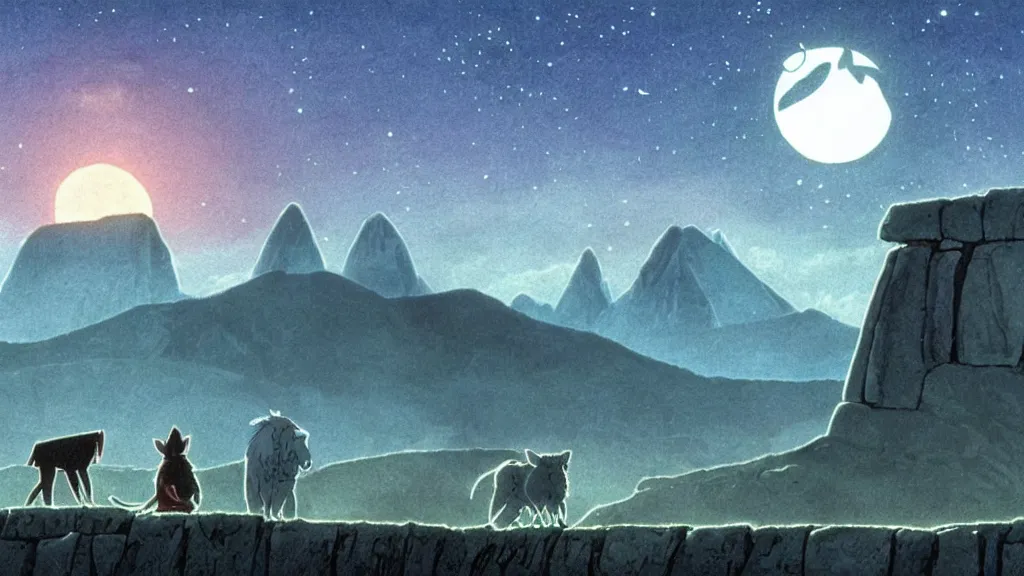 Image similar to a cell shaded cartoon movie still from princess mononoke ( 1 9 9 7 ) showing a chrome ufo over stonehenge. in the background is machu pichu on a misty and starry night. very dull muted colors, hd, 4 k, hq