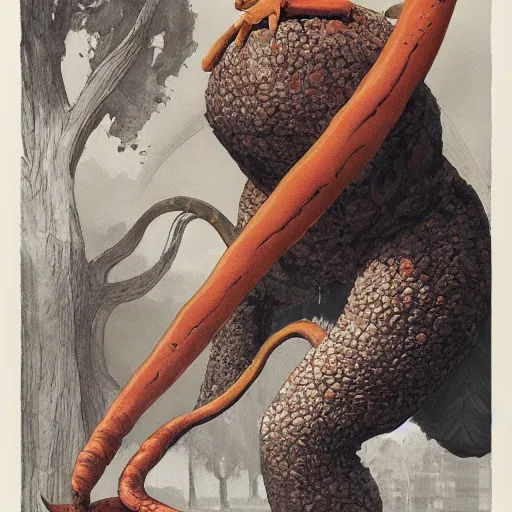 Prompt: by joao ruas jaunty carrot orange. a sculpture of a large, looming creature with a long, snake body. many large, sharp teeth, & eyes glow. wrapped around a large tree, bent under the weight. small figure in foreground, a sword, dwarfed by the size of the creature.