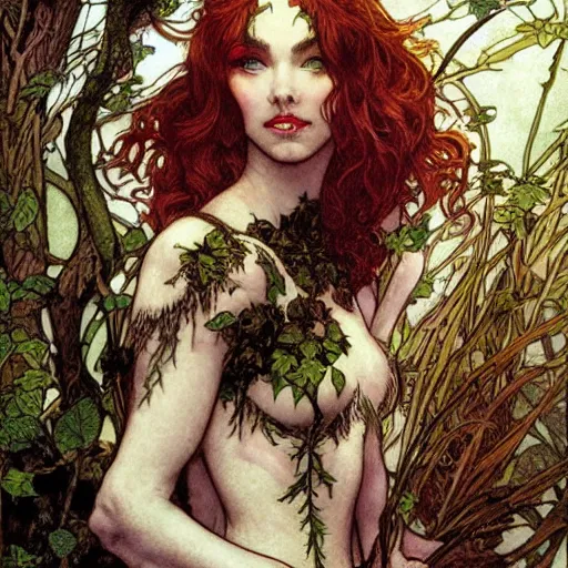 Prompt: a beautiful and detailed magic the gathering card of a seductive poison ivy as an elf druid, dark eyeliner, intricate, elegant, highly detailed, digital painting, artstation, concept art, matte, sharp focus, illustration, art by rebecca guay and by arthur rackham and by alphonse mucha and by john william waterhouse