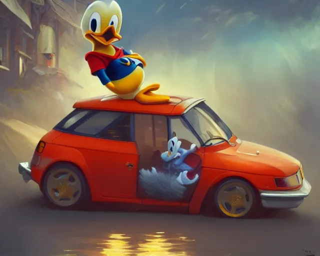 Prompt: realistic photography of donald duck involved in a car crush, deep focus, intricate, elegant, highly detailed, digital painting, artstation, concept art, matte, sharp focus, illustration, art by artgerm and greg rutkowski and alphonse mucha