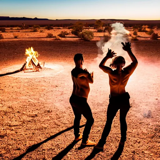 Image similar to photograph of three ravers, two men, one women, photographed from behind, talking around a fire, photorealistic, dancefloor kismet, diverse costumes, clean composition, desert transition area, bonfire, night, australian desert, xf iq 4, symmetry, sony a 7 r, 1 5 0 mp, 5 0 mm