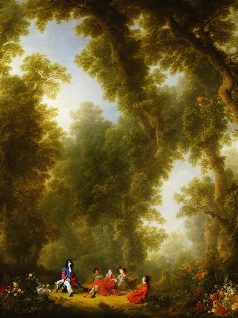 Prompt: painting portrait of michael jackson in a romantic forest, volumetric light, afternoon, light wind, wild flowers, john longstaff, jean - honore fragonard, francois boucher, anna dittmann, 4 k, 4 k