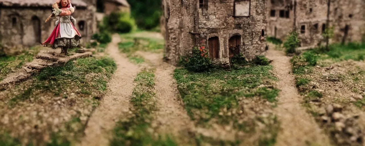 Prompt: princess going on an adventure, leaving a medieval village, photography, miniature