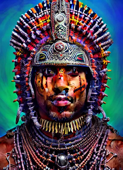 Prompt: portrait of suraj sharma, hyper detailed ultra sharp aztec shaman warrior. trending on artstation, warpaint aesthetic, bloodwave, colorful, psychedelic, ornate, intricate, digital painting, concept art, smooth, sharp focus, illustration, art by artgerm and greg rutkowski and h. r. giger, 8 k