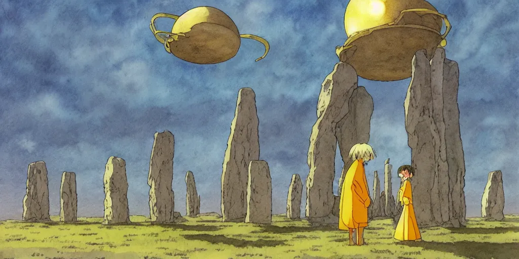 Image similar to a hyperrealist studio ghibli watercolor fantasy concept art of a giant alien and a small grey alien with a yellow robe in stonehenge in the early morning. a giant gold ufo is floating in the air. by rebecca guay, michael kaluta, charles vess