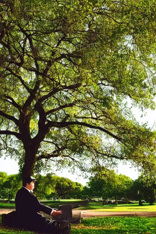 Image similar to a detective from the 5 0's, sitting in a park under a big tree