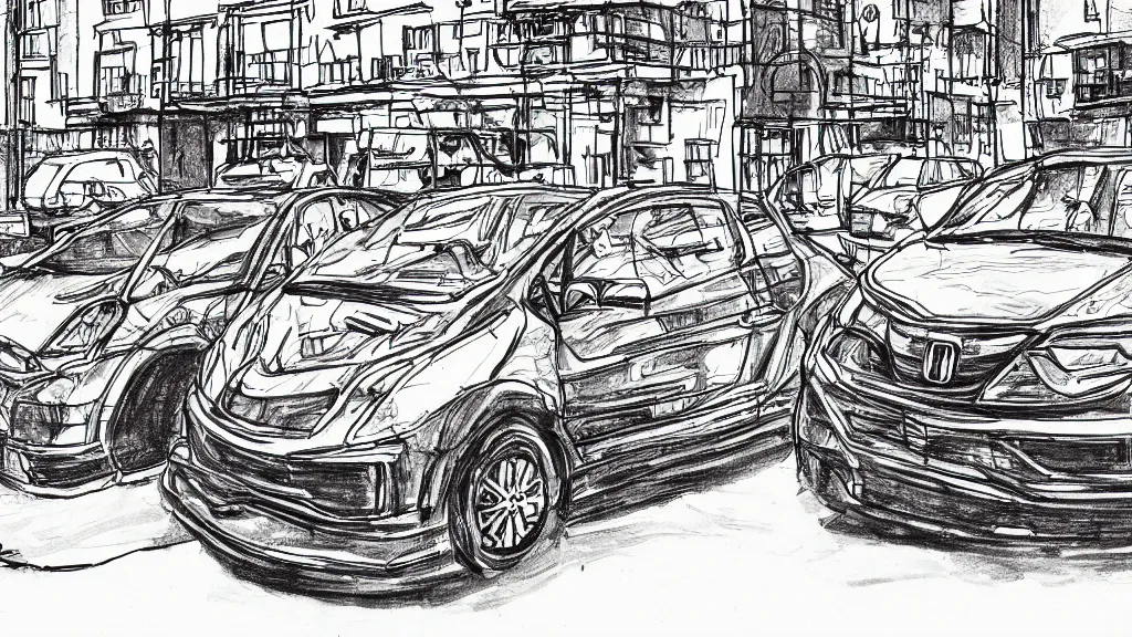 Image similar to compact honda car parked in a european city, ink manga drawing