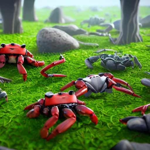 Image similar to large group of crabs and worms, crawling along a bed of moss, low poly, creeper world, handcrafted, artstation, hyperrealistic, hard light, best practices, creeptastic, photorealism, macro perspective, cuddly, Voidless of the Festival!, The Graveyard!!