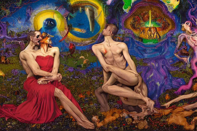 Prompt: expressionism painting of two lovers, channeling third eye energy, surrounded by a background of dark cyber mystic garden of earthly delights, midnight hour, painted part by francis bacon, part by josan gonzales, part by dan mumford, part by norman rockwell, part by gustave moreau, artstation, 4K, highly detailed,