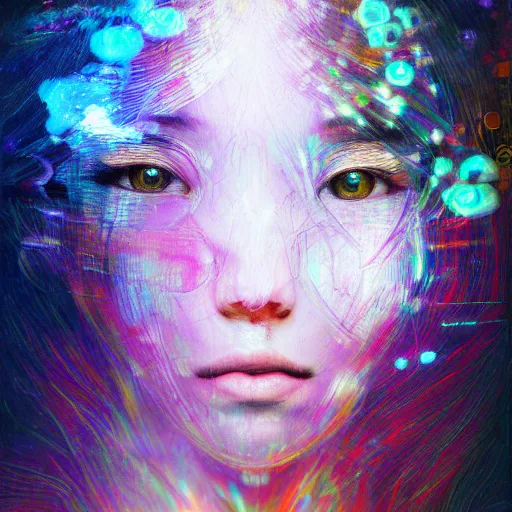 Prompt: portrait oil painting, abstract expression, subconscious connects, dimensional consciousness, fantastical, ultra realistic asian girl glitch art, soft glows, intricate details, artifacts, luminous skies, transparent brain, highly detail