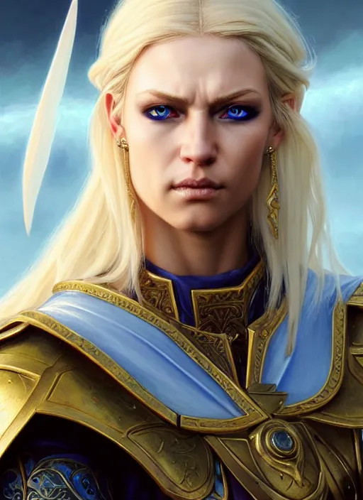 Image similar to a _ fantasy _ style _ portrait _ painting _ of white female paladin with blonde hair and blue eyes, scar under left eye, holy oil _ painting _ unreal _ 5 _ daz. _ rpg _ portrait _ extremely _ detailed _ artgerm _ greg _ rutkowski _ greg