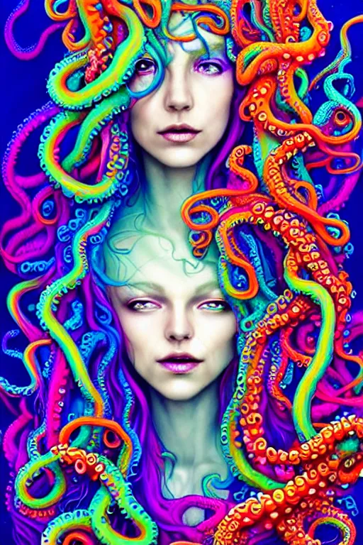 Image similar to A sea goddess with colorful tentacles hair having an extremely colorful psychedelic experience, warping time and space, magic mushrooms, psilocybin, LSD, face, detailed, intricate, elegant, highly detailed, digital painting, artstation, concept art, smooth, sharp focus, illustration, art by Krenz Cushart and Artem Demura and alphonse mucha, Octane render, unreal engine, 8K