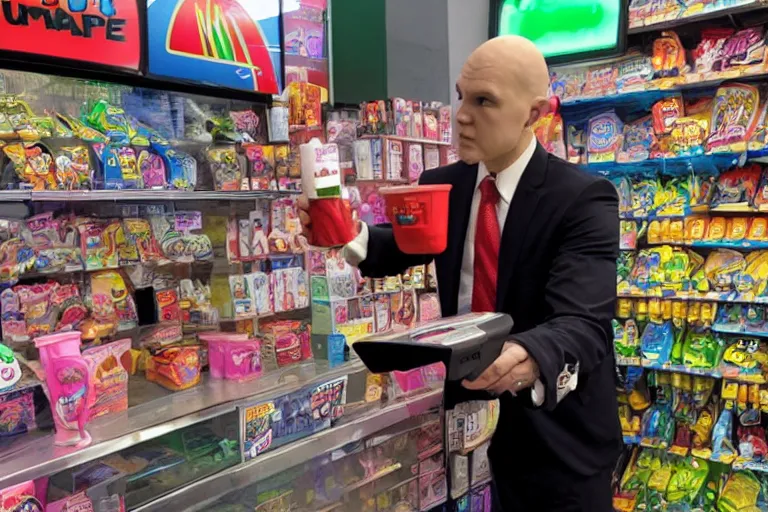 Image similar to agent 4 7 ordering a slurpee at 7 1 1, y 2 k sanriocore