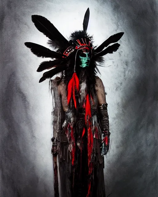 Image similar to the ghost - spirit of the grim - warpaint wears the scarlet skull armor and native blood headdress feathers, midnight fog - mist!, dark oil painting colors, realism, cinematic lighting, various refining methods, micro macro autofocus, ultra definition, award winning photo, photograph by ghostwave - gammell - giger - shadowlord