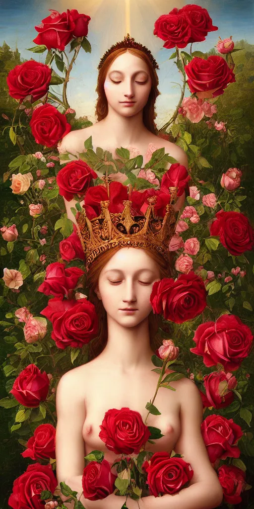 Image similar to the Divine Feminine standing in a field of Roses, Beautiful, Crown of the Gods, Woman, All Races, All Cultures, Female, Birth of creation, Mother Earth, Divinity, Hope, Ethereal, Renaissance Painting, Atmospheric Lighting, artstation trending