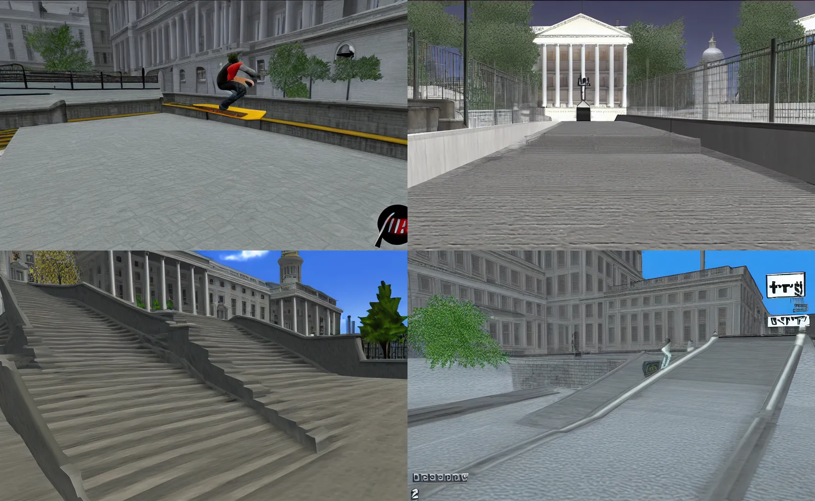 Prompt: thps 2 level, ps 1 graphics, white house, vertical ramp, rails