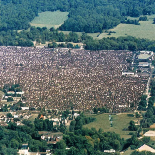 Prompt: aerial view of woodstock, color, 1 9 6 9