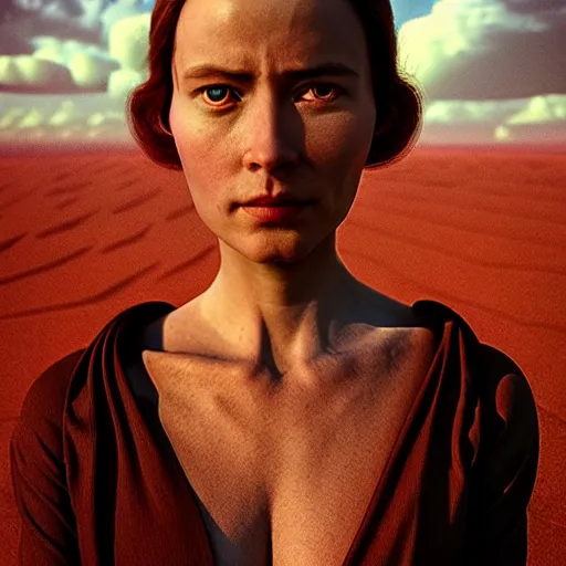 Image similar to colour aesthetic highly detailed photography portrait, characters with hyperrealistic highly detailed faces. from dune ( 2 0 2 1 ) by alejandro hodorovski and denis villeneuve and gregory crewdson style with many details by mike winkelmann and vincent di fate in sci - fi style. volumetric natural light hyperrealism photo on red dsmc 3 system