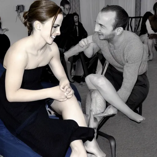 Prompt: a man tickling Emma Watson baresoles while She Is tied to a chair