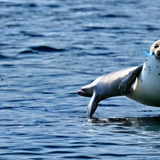 Prompt: a seal swimming at the surface of water with a seagull standing on its back