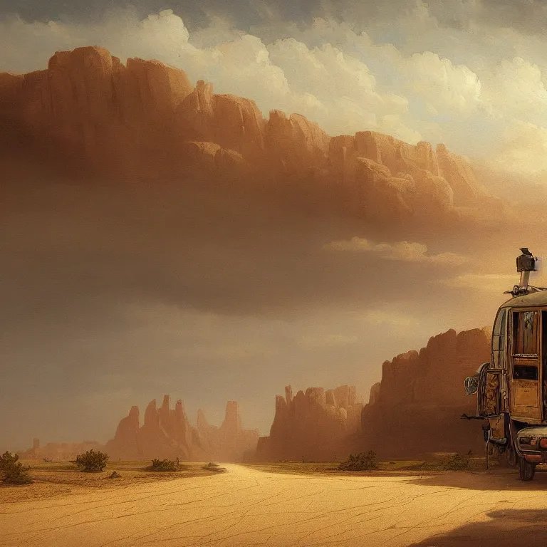 Prompt: a beautiful painting of a lone van driving into the distance on a deserted desert highway by carl gustav carus, highly detailed, concept art, cinematic lighting, high noon