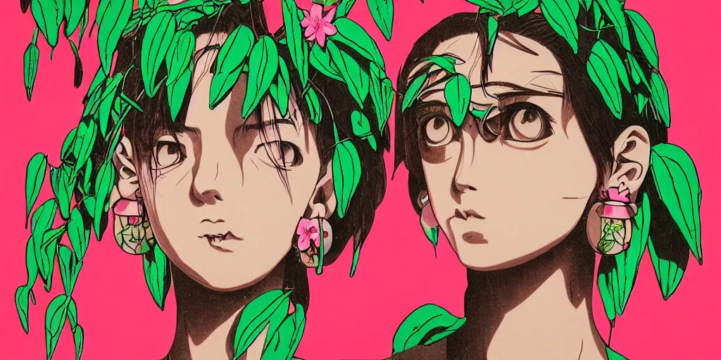 Image similar to risograph grainy painting of running man anime - like hero girl protagonist face, dull colors, with huge earrings, face covered with plants and flowers, by moebius and dirk dzimirsky and satisho kon, latex, close - up wide portrait, hyperrealistic