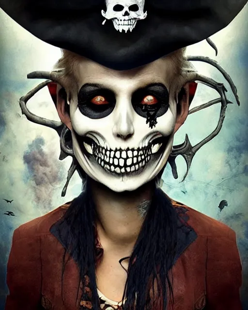 Image similar to halloween pirate theme surrealist art in the styles of igor morski, jim warren, and a tim burton film, intricate, hyperrealistic, accurate facial details, profile picture with chromakey!!!!! background, milk - bath effect, volumetric lighting