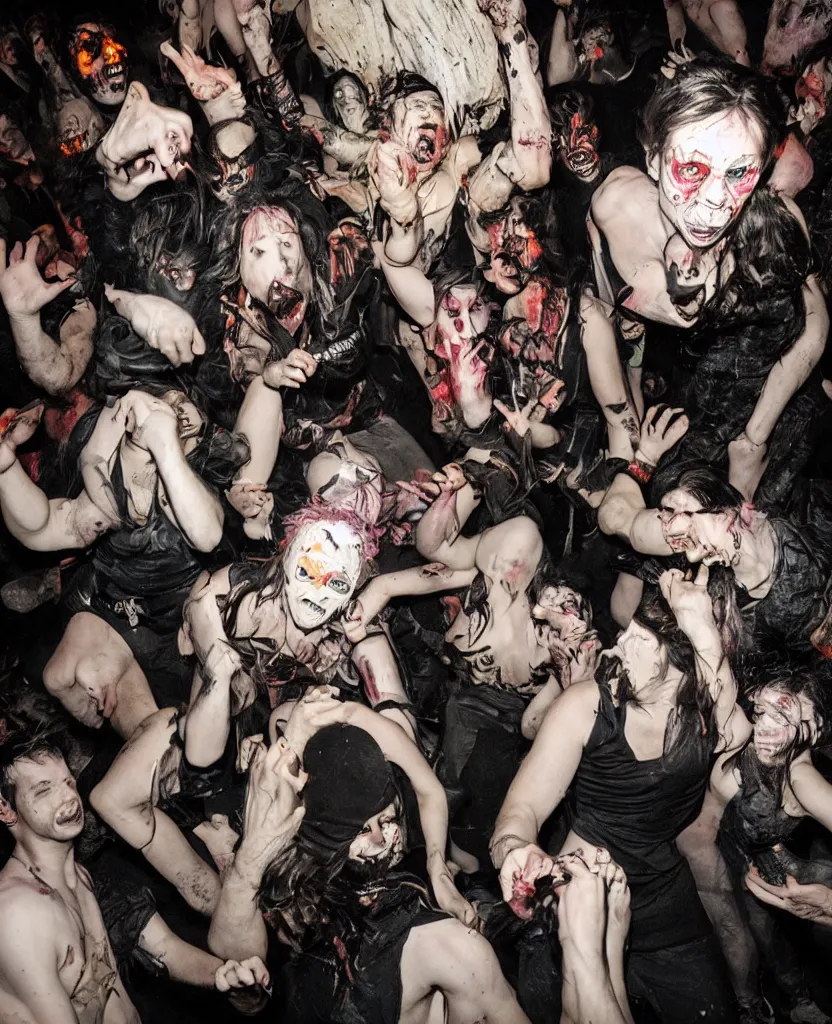 Image similar to photos of a wild underground party taken by merlin bronques, angry demonic death ghosts