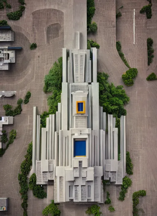 Prompt: isometric artdeco cathedral by frank lloyd wright, shot from drone, painted by piet mondrian