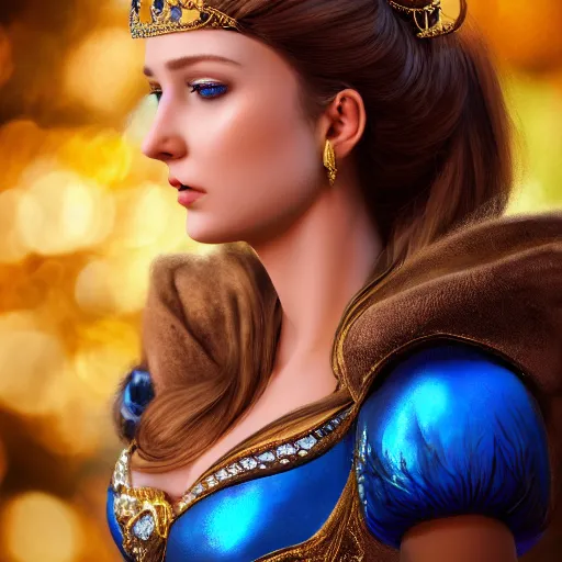 Prompt: a photographic portrait of an fantasy 30 years old princess, with a deep blue sapphire and gold small diadem, seductive look, warmer and softer colours, more tan face, lighter brown hair, open eyes, cinematic light, bokeh, by Danny Battista, canon 50mm, high aperture, artstation