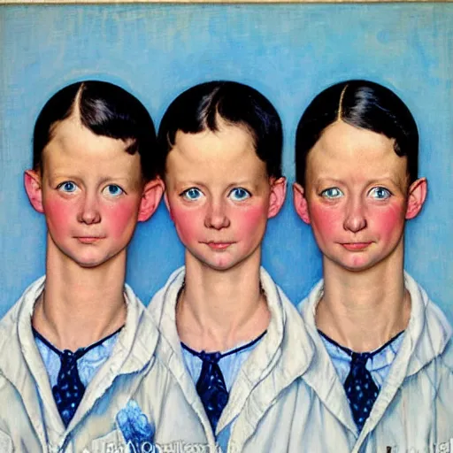 Image similar to Frontal portrait of adult triplets with ice blue eyes. Painting by Norman Rockwell.